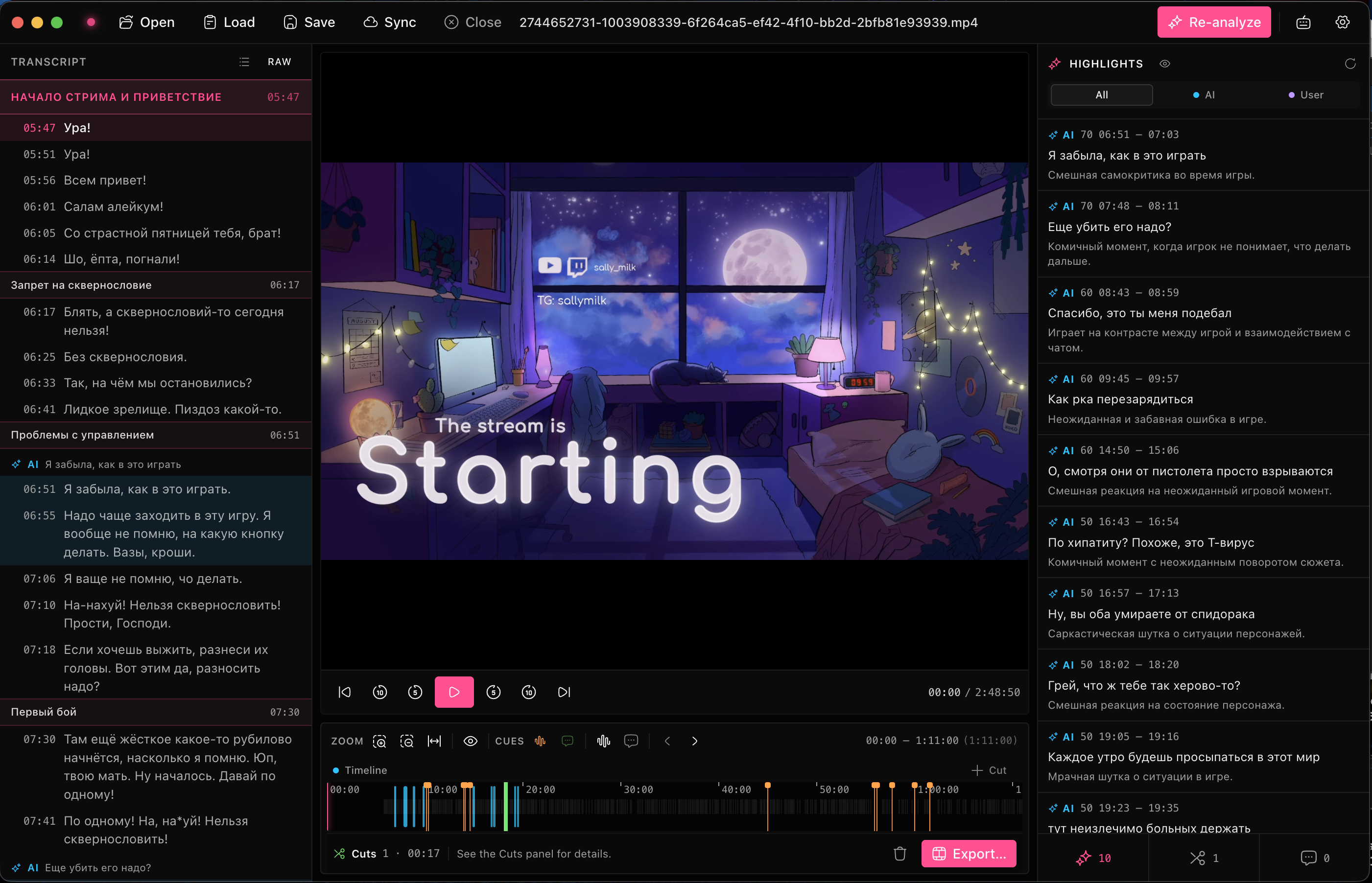 ClipEZ desktop app: transcript with timestamps on the left, video player and timeline in the center, AI highlight cards on the right.