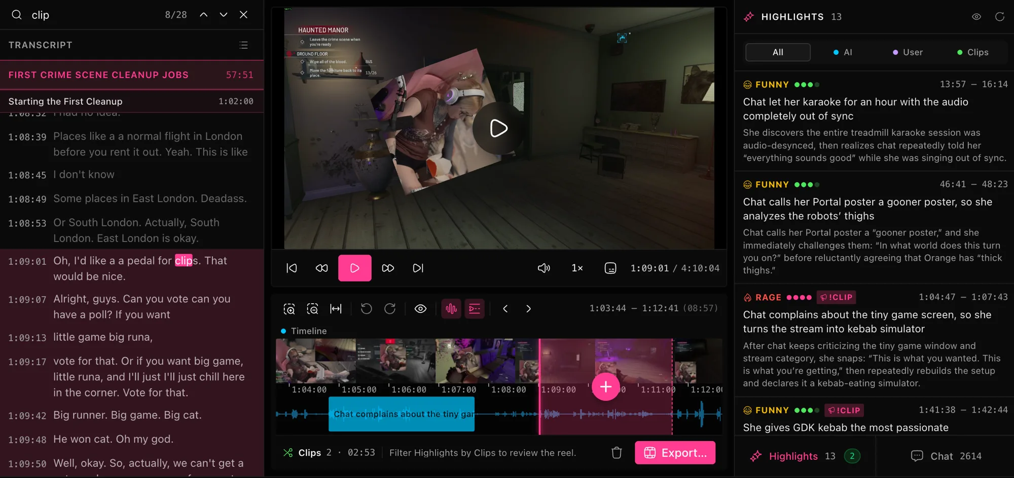 The ClipEZ desktop app with a 2 hour 24 minute stream VOD open. The left panel is the transcript, scrolled to the chapter “Hunger games and the equipment shop”, each line carrying its own timecode. The centre is the video player at 1:17:10, with the streamer's webcam inset in the corner. Below it the timeline runs the full stream, with a thumbnail strip, an audio waveform, blue blocks marking the AI suggestions and green ones marking the clips already cut. The right panel is the Highlights list: rows badged Panic, Chat, Discovery, Rage, Chaos and Emotional, each with a score, a time range and a one-line reason.