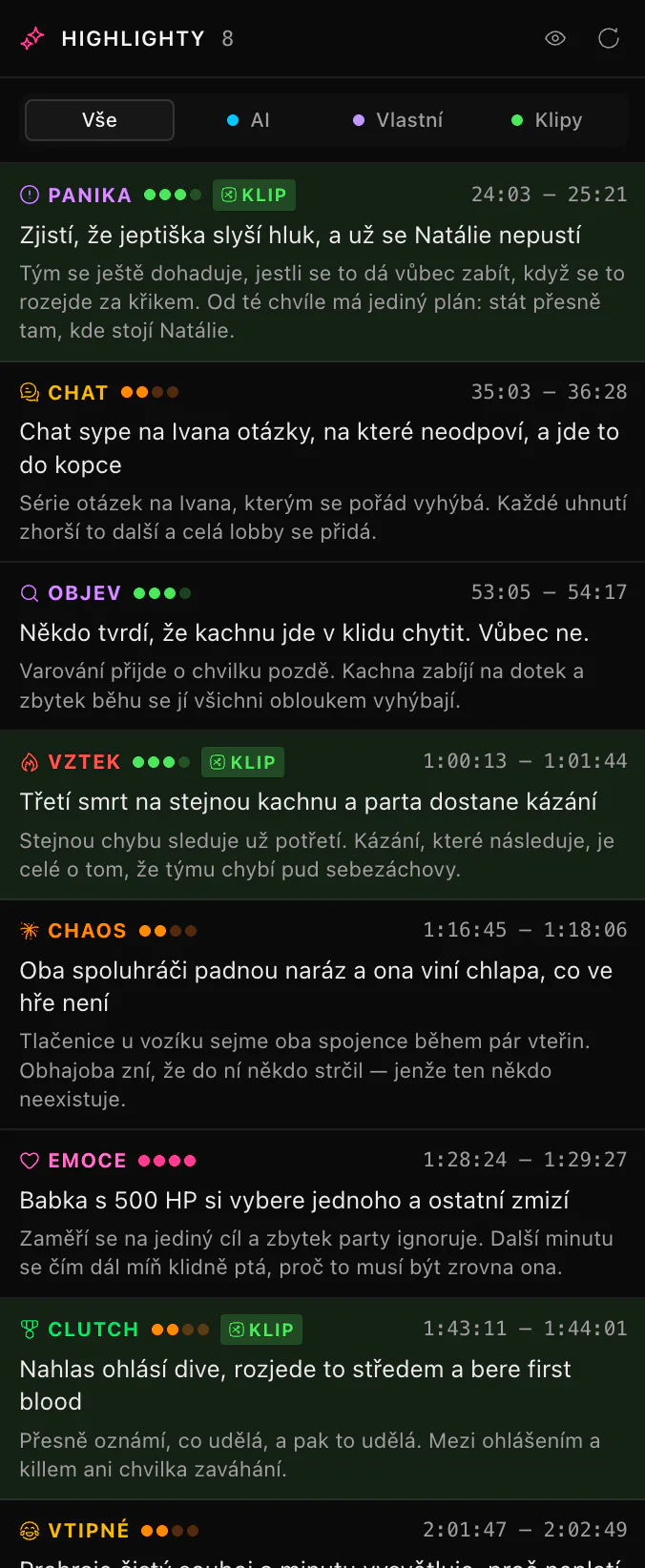 Panel Highlighty v ClipEZ se seznamem osmi momentů rozpoznaných AI, nahoře jsou filtry Vše, AI, Vlastní a Klipy. Každý řádek nese barevný štítek kategorie, skóre spolehlivosti zobrazené jako vyplněné tečky, časový rozsah, jednořádkový název a zdůvodnění, proč model ten moment vybral. Tři řádky nesou štítek klipu.