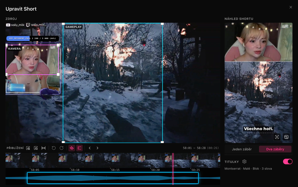 Editor shortů ClipEZ. Vlevo nese celý zdrojový snímek 16:9 dva výřezy s popisky — jeden na gameplay, druhý na webkameru — nad vlastním filmovým pásem a průběhem zvuku daného střihu, oříznutými na highlight. Vpravo Náhled Shortu skládá kameru nad gameplay do formátu 9:16 s vypáleným titulkem.