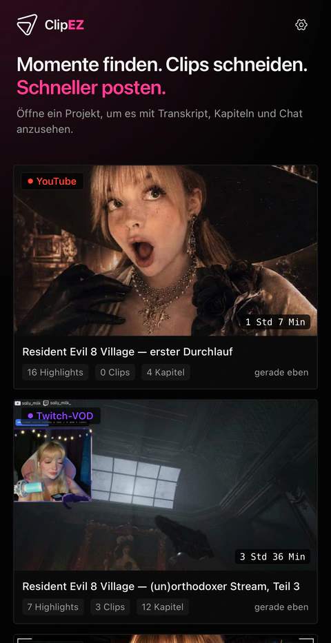 Der ClipEZ-Startbildschirm auf dem iPhone mit den synchronisierten Projekten. Jede Karte zeigt ein Vorschaubild mit Quellen-Badge – Lokale Datei, Twitch-VOD, YouTube –, die Länge sowie die Anzahl von Highlights, Clips und Kapiteln.