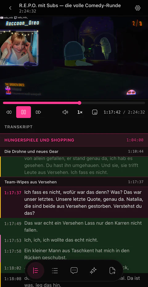 Ein geöffnetes Projekt auf dem iPhone: oben läuft der Stream, darunter scrollt das Transkript mit den Kapitelüberschriften dazwischen, und die gerade gesprochene Zeile wird während der Wiedergabe markiert.
