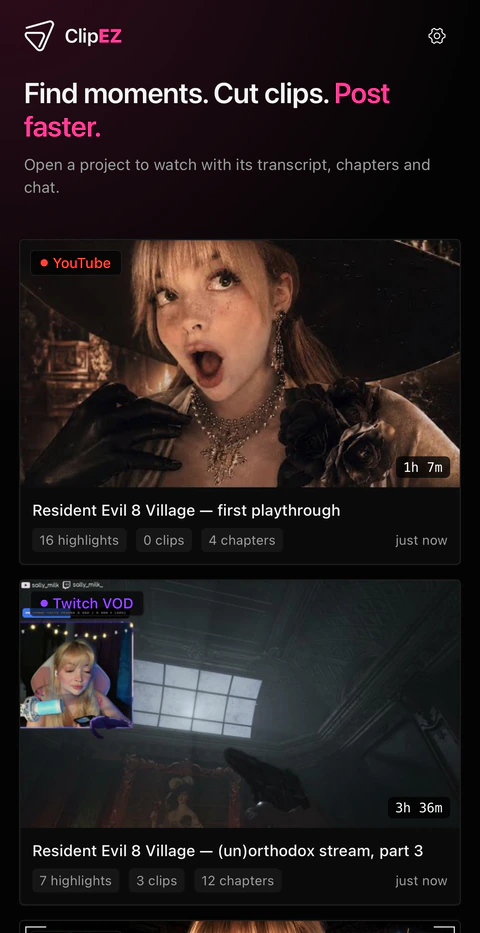 The ClipEZ home screen on iPhone, listing synced projects. Each card carries a thumbnail with a source badge — Local file, Twitch VOD, YouTube — the duration, and counts of highlights, clips and chapters.