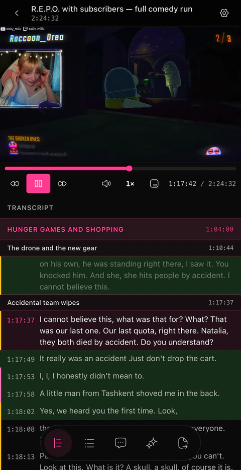 A project open on iPhone: the stream plays at the top and the transcript scrolls under it with chapter headings inline, and the line being spoken marked as it plays.