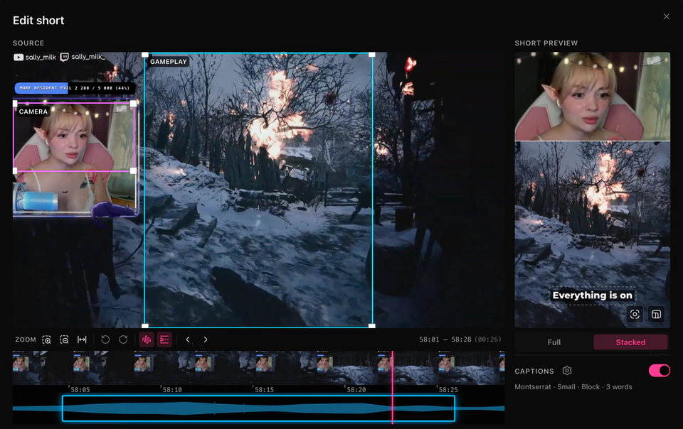 The ClipEZ short editor. On the left, the full 16:9 source frame carries two labelled crop boxes — one over the gameplay, one over the webcam — above the clip's own filmstrip and waveform trimmed to the highlight. On the right, Short preview stacks the camera above the gameplay in a 9:16 frame with a caption burned in.