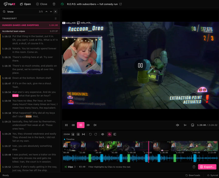 The ClipEZ window with the transcript search open. The search field holds a word with a match counter and previous/next arrows beside it, and in the transcript below the matched line has that word picked out in pink, under a sticky chapter header. The player and the timeline playhead have both moved to that line's place in the stream.