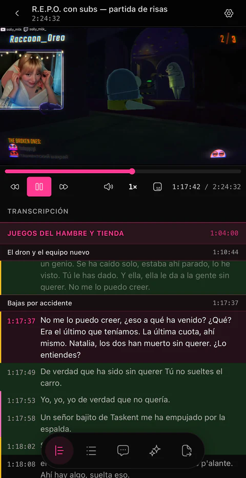Un proyecto abierto en iPhone: el stream se reproduce arriba y la transcripción avanza debajo, con los capítulos intercalados y la línea que se está diciendo marcada a medida que se reproduce.