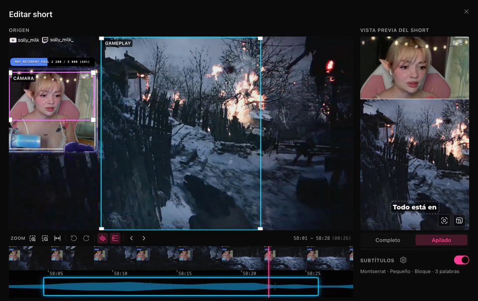 El editor de shorts de ClipEZ. A la izquierda, el fotograma de origen 16:9 completo lleva dos recortes etiquetados —uno sobre el gameplay y otro sobre la webcam—, encima de la tira de fotogramas y la onda del propio clip, recortadas al highlight. A la derecha, la vista previa del short apila la cámara sobre el gameplay en un cuadro 9:16 con un subtítulo incrustado.