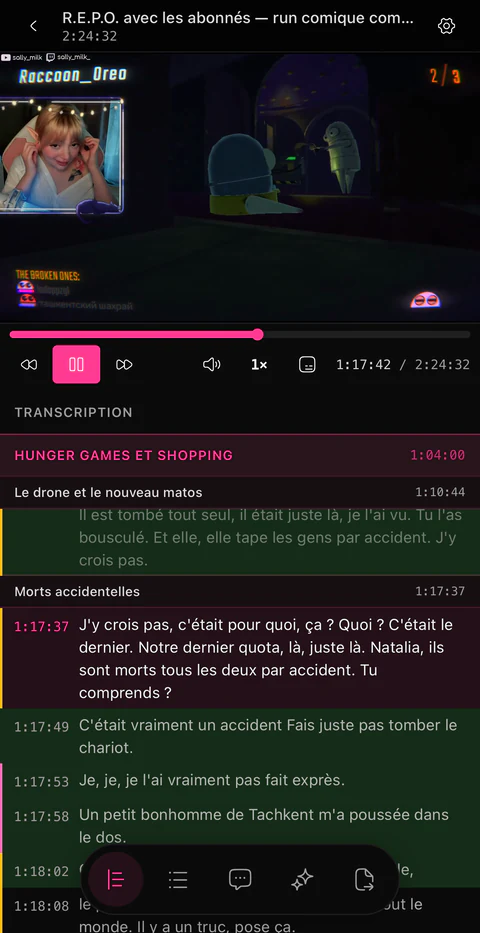 Un projet ouvert sur iPhone : le stream est lu en haut et la transcription défile en dessous, titres de chapitres intercalés, la ligne prononcée étant marquée au fil de la lecture.