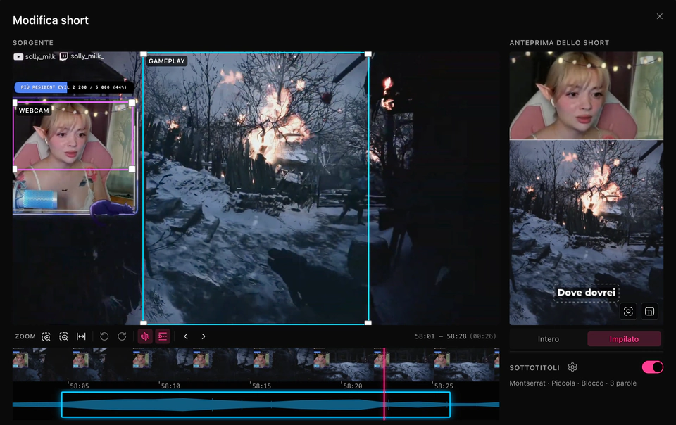 L'editor di short di ClipEZ. A sinistra, il frame sorgente 16:9 completo porta due ritagli etichettati — uno sul gameplay, uno sulla webcam — sopra la striscia di fotogrammi e la forma d'onda della clip stessa, tagliate sull'highlight. A destra, l'anteprima Short impila la webcam sopra il gameplay in un frame 9:16 con un sottotitolo impresso.