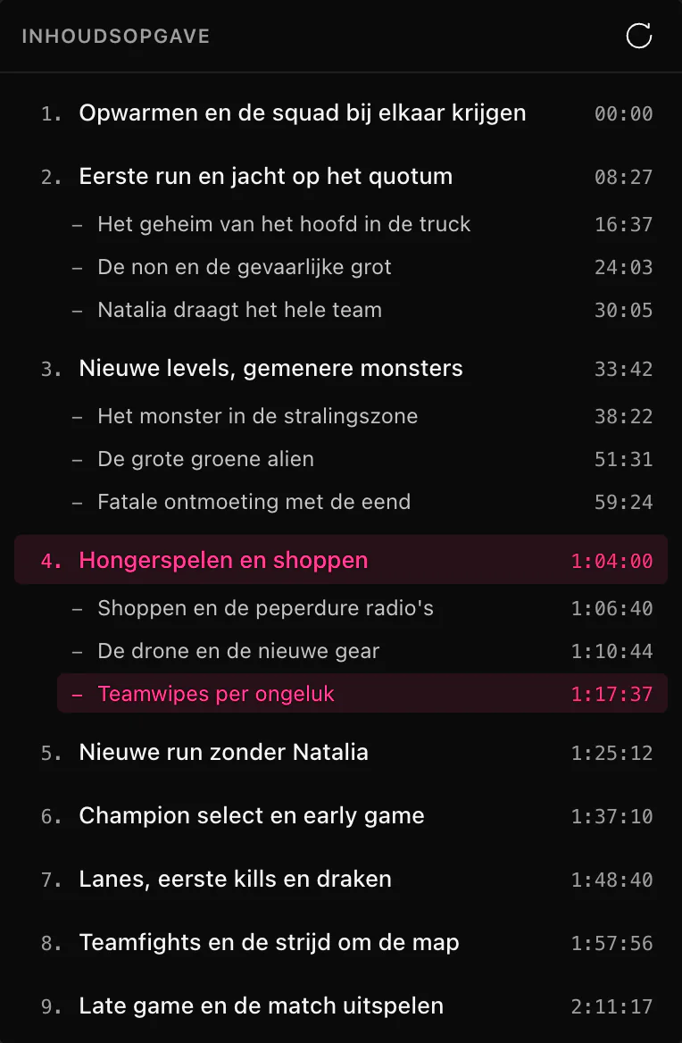 De inhoudsopgave van ClipEZ, open over het transcriptpaneel, met negen genummerde hoofdstukken die zijn herkend in een stream van tweeënhalf uur, elk met zijn begintijdcode. Drie ervan zijn uitgeklapt en tonen ingesprongen subsecties, en het hoofdstuk waarin de afspeelkop staat is roze gemarkeerd.