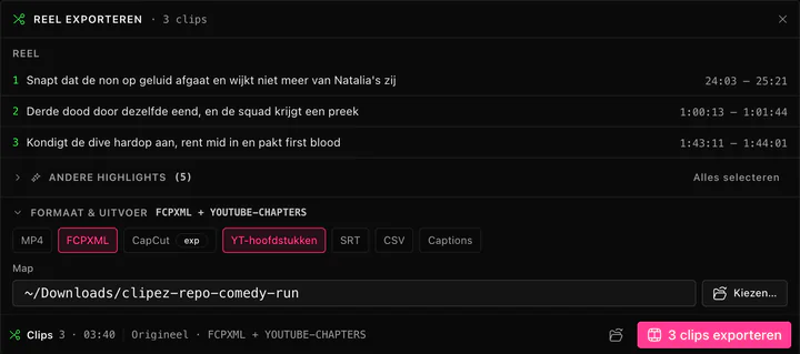 Het exportvenster van ClipEZ. Bovenaan staat een reel van drie genummerde clips met titels en tijdsbereiken, daaronder een ingeklapte rij voor de vijf overige highlights. Onder “Formaat & uitvoer” staan zeven chips – MP4, FCPXML, CapCut met het label “exp”, YT-hoofdstukken, SRT, CSV en Captions – waarvan FCPXML en YT-hoofdstukken zijn geselecteerd. Daaronder staat de uitvoermap met een knop “Kies…”, en in de voettekst wordt de reel opgeteld op drie clips en 3 minuten 40 naast de exportknop.