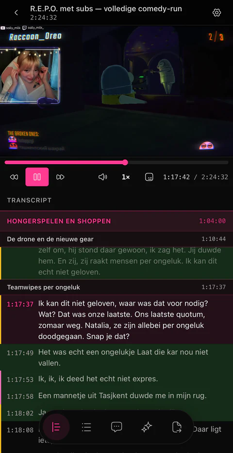 Een project open op iPhone: bovenin speelt de stream en daaronder scrollt het transcript, met de hoofdstukken ertussen en de regel die wordt uitgesproken gemarkeerd tijdens het afspelen.