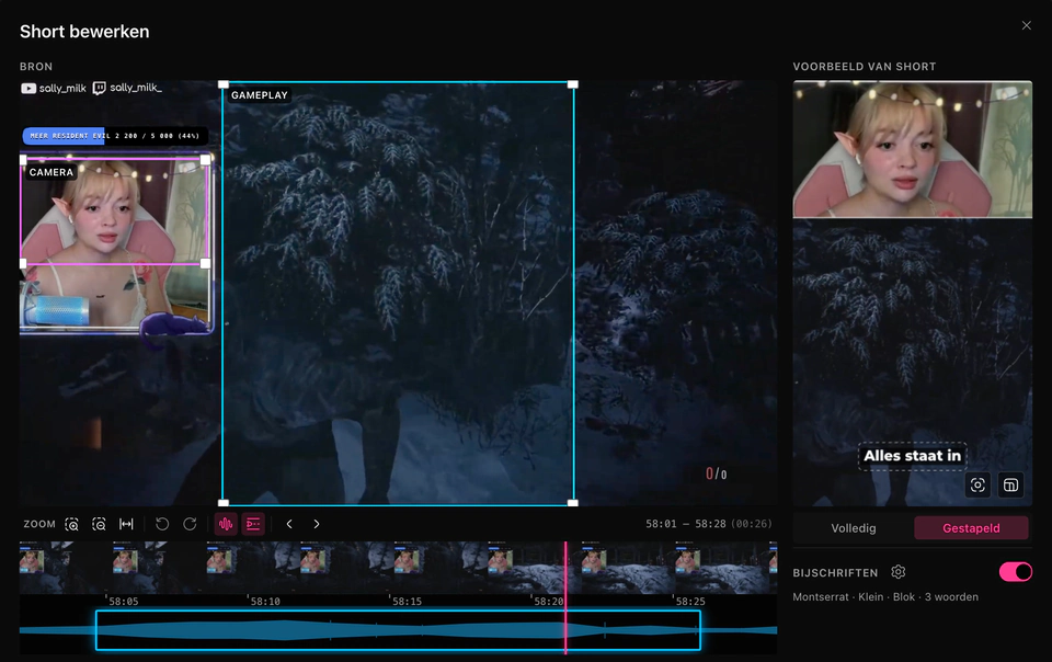 De short-editor van ClipEZ. Links draagt het volledige 16:9-bronframe twee gelabelde uitsnedekaders — één over de gameplay, één over de webcam — boven de eigen filmstrip en golfvorm van de clip, die op de highlight zijn bijgesneden. Rechts stapelt Voorbeeld van short de camera boven de gameplay in een 9:16-frame met een ingebrand bijschrift.