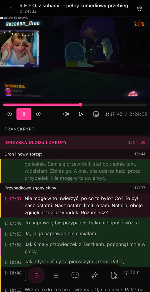 Projekt otwarty na iPhonie: u góry leci stream, pod nim przewija się transkrypt z rozdziałami pomiędzy, a linia właśnie wypowiadana jest oznaczana w trakcie odtwarzania.