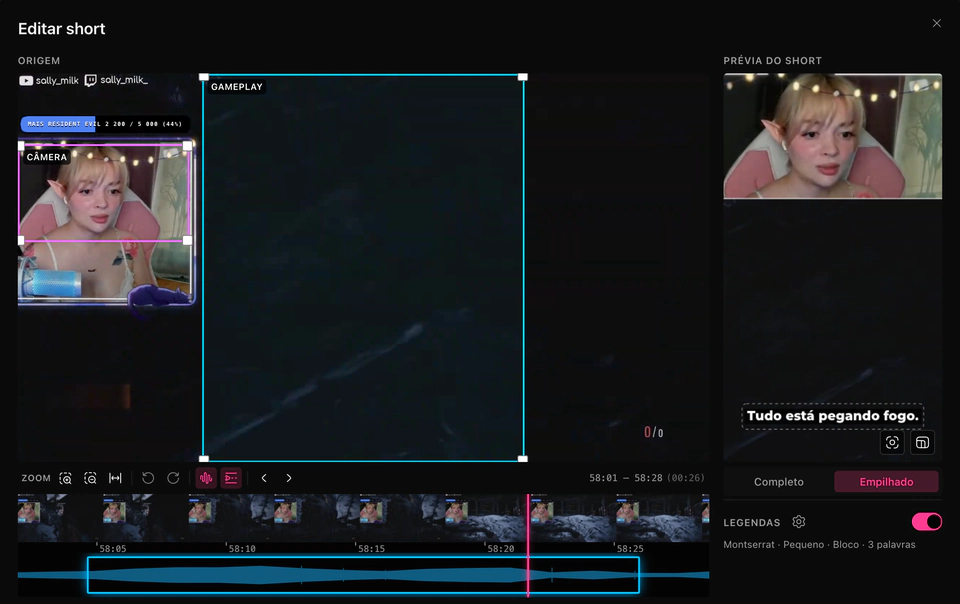 O editor de shorts do ClipEZ. À esquerda, o quadro de origem 16:9 completo traz duas caixas de recorte identificadas — uma sobre o gameplay, outra sobre a webcam —, acima da tira de quadros e da forma de onda do próprio clipe, cortadas no destaque. À direita, a prévia do short empilha a câmera acima do gameplay em um quadro 9:16 com uma legenda queimada.