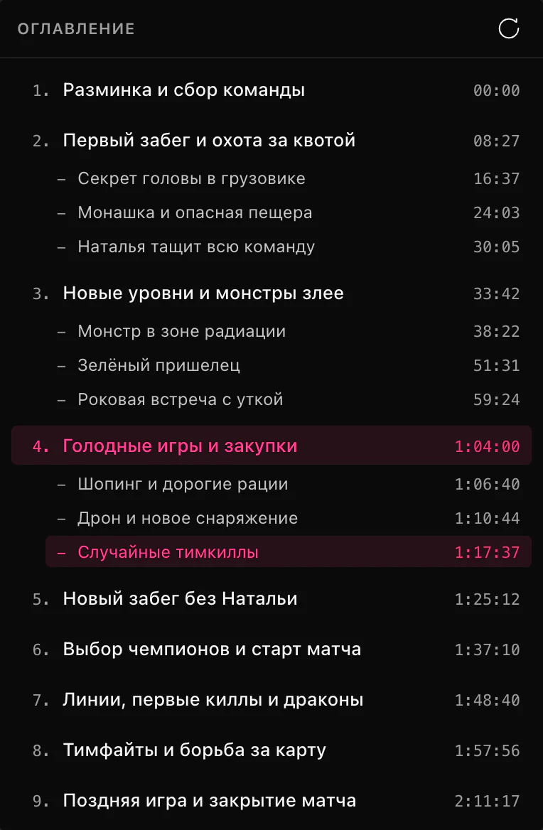 Оглавление ClipEZ, открытое поверх панели расшифровки: девять пронумерованных глав, найденных в стриме длиной два с половиной часа, у каждой свой тайм-код начала. Три главы раскрыты и показывают вложенные подразделы, а глава, в которой стоит курсор воспроизведения, подсвечена розовым.